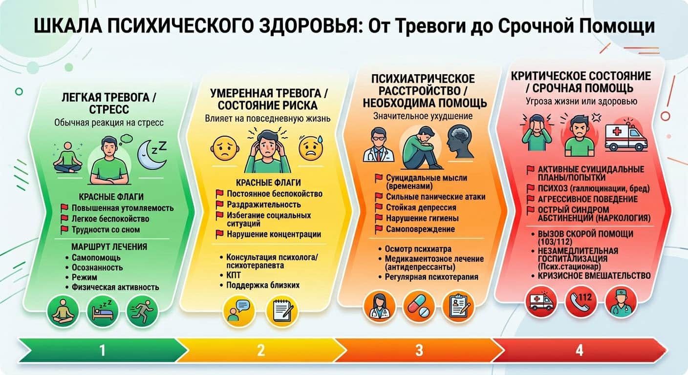 Визуальная шкала от легкой тревоги до состояния, требующего срочной психиатрической помощи